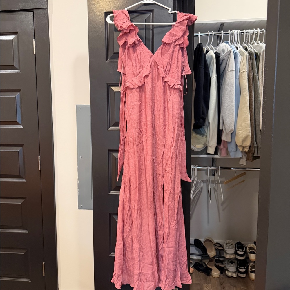 Francesca's Collections Rosy Pink Ruffled V-Neck Maxi Dress